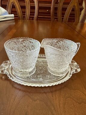 Duncan Miller sandwich pattern clear Glass Creamer, Sugar bowl  & tray Set